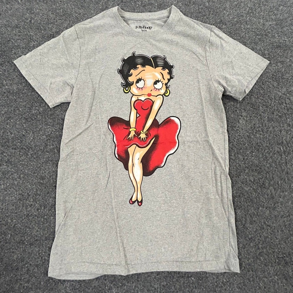 Betty Boop Graphic T-Shirt Womens Size S Grey Short Sleeve Cartoon Casual Stain